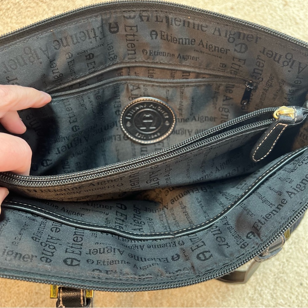 Etienne Aigner Handbag Black Canvas Leather Gold Hardware Double Strap Purse - Picture 7 of 9